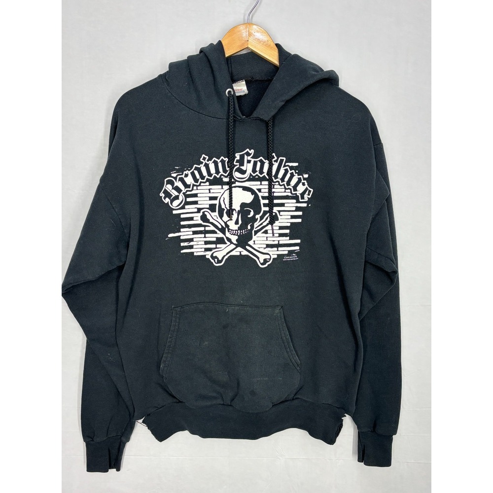 Brain Failure Hanes Hoodie Mens Black Graphic Kangaroo Pocket Comfort M Vintage